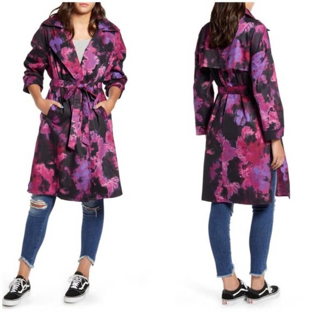 Tinsel Floral Lightweight Trench Jacket Small Purple Tie Dyed Belted Coat NWT